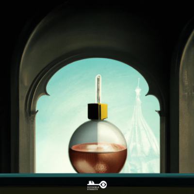 The vial of an alchemist sits in front of an arched window with the Florence Dome in the background: it is the poster for the Florence treasure hunt "The Medici's Secret Elixir"